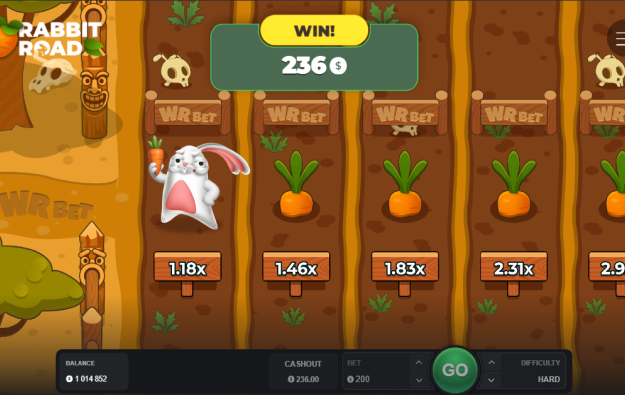 Interfaccia di gioco Rabbit Road con visualizzazione dei moltiplicatori